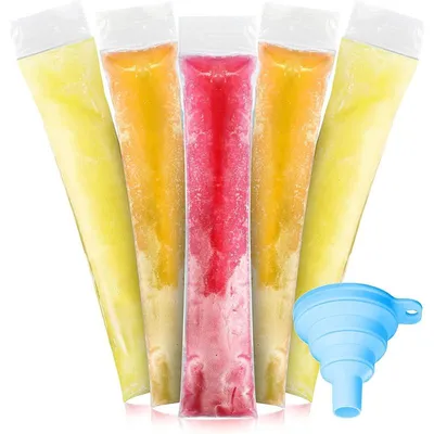 Produktbild von 200 Stück Wassereis-Beutel (23×5 cm) mit Trichter – -frei – Für hausgemachtes Eis, Joghurt, Saft & Smoothies – DIY Eis am Stiel, Popsicle Taschen