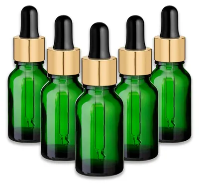 Produktbild von 5x Grüne Glasflasche 15 ml mit goldener Aluminiumpipette – Fläschchen