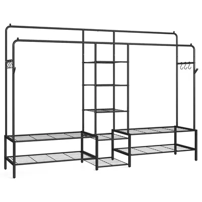 A black metal garment rack with multiple shelves and hanging rods, shown against a white background.