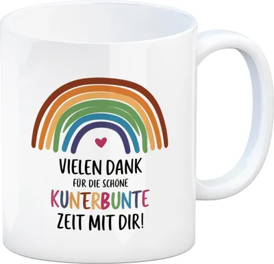 Produktbild von Vielen Dank für die kunterbunte Zeit Kaffeebecher mit Regenbogen
