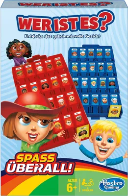 The image shows the packaging of the board game 'Wer ist es?' (Who is it?) by Hasbro, featuring cartoon characters and game boards.
