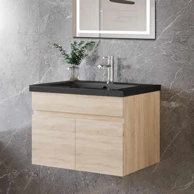Produktbild von 60cm Schwarz Mineralguss Waschtisch mit Unterschrank Badmöbel Set mit Türs Soft-close - Eiche Matt