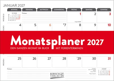 Produktbild von Monatsplaner 2027: 12 Monate mit Ferienterminen und Feiertagen. 29,7 x 21 cm.