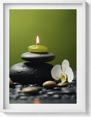 Produktbild von Zen-Entspannung Natur und Steine– Wandbild mit Rahmen – Gerahmtes Bild  – Wanddekoration – 60x80 cm –  Weiß Rahmen