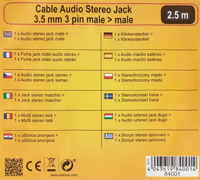 Produktbild von DeLOCK 84001, 3.5mm, Männlich, 3.5mm, Männlich, 2,5 m, Schwarz