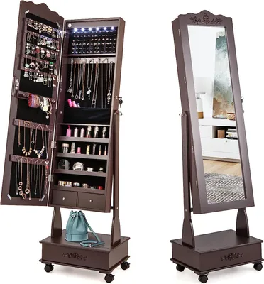 Produktbild von COSTWAY Schmuckschrank mit LED Beleuchtung, Spiegelschrank mit Ganzkörperspiegel & Schubladen, Schmuck Organizer mobil, abschließbar (Braun)