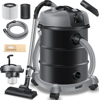 A collection of vacuum cleaner parts and accessories are displayed around a central industrial vacuum cleaner.