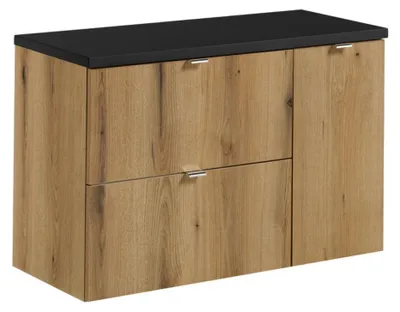 Image de Ensemble de salle de bain suspendu VANO aspect chêne et noir 90cm : meuble sous vasque à tiroirs et placards + plan pour vasque