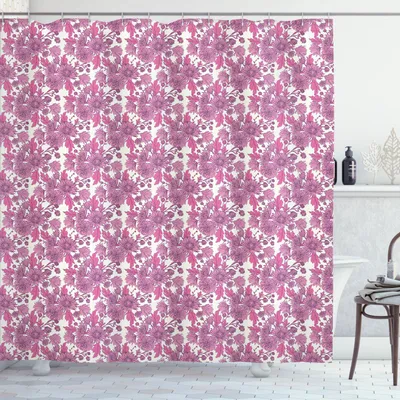 Obrázok produktu pre ABAKUHAUS Kvetinová sprchová záclona, romantická kompozícia chryzantém, ručne maľovaná ilustrácia, 175 x 200 cm, ružová, bledá fuchsiová a biela
