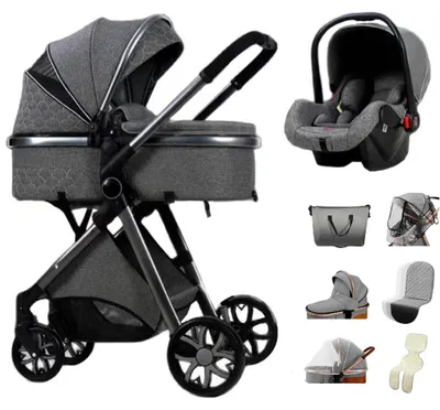 Productafbeelding van Kinderwagen 3-in-1 - Inclusief Reiswieg en Autostoeltje - Compact Opvouwbaar - Donkergrijs
