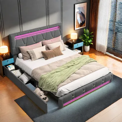 Obrázek produktu pro UnboxG Čalouněná postel 160x200 cm, LED osvětlení, manželská postel se 4 zásuvkami a nastavitelným čelem, postel s úložným prostorem a lamelovým roštem, rám postele z kovového rámu, povlečení, šedá barva
