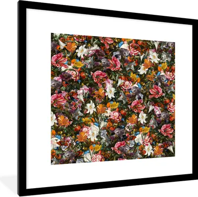 Produktbild von MuchoWow® Gerahmtes Poster Blumen - Schmetterling - Design - Kunst - Abstrakt - Malerei - Alte Meister 40x40 cm - Poster mit Schwarzem Bilderrahmen Wandposter Rahmen Foto Bilder - Poster - Plakat im Rahmen
