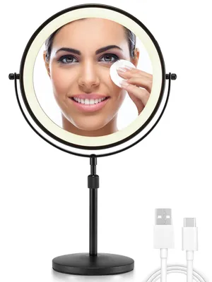 Image de Miroir grossissant éclairé, miroir cosmétique double face pivotant de 21,5 cm avec pied réglable en hauteur (noir)
