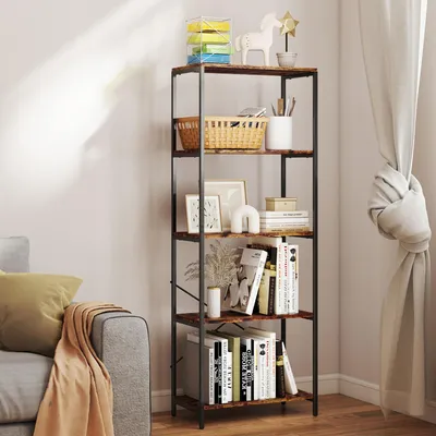 Produktbild von SUGIFT Standregal Metallrahmen X-Rückwand, Bücherregal 5 Ebenen Industrial, Raumteiler Lagerregal, Rustikal-Braun  |  Kippschutz  |  50 kg  |  79x35x161 cm