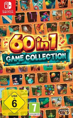 A collage of game icons and the title '60 in 1 Game Collection' for Nintendo Switch.