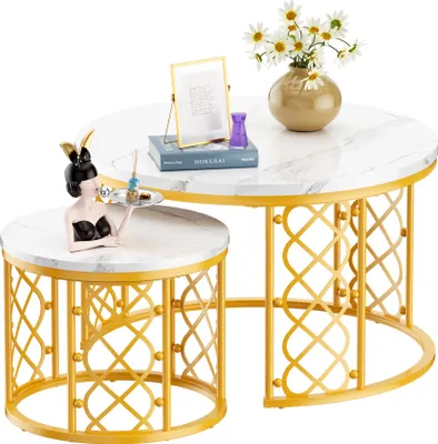 Produktbild von MODFU Couchtisch rund Gold,2er set Sofatisch mit weiße Tischplatte,Wohnzimmertisch, Satztische, Beistelltisch für Schlafzimmer und Wohnzimmer