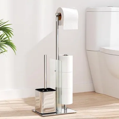Produktbild von Famanu Toilettenpapierhalter mit WC-Bürste und Glasablage - Edelstahl Set ohne Bohren, silber