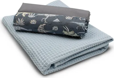 Produktbild von Dino Set 85 Waffelstoff Set 1x Waffelstoff + 2x Baumwollstoff Druck und Uni je 0,5m x 1,5m Stoffpaket DIY Projekt