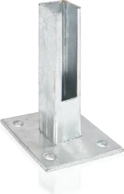 Produktbild von Pfostenschuh zum Aufdübeln für Gabionen Zaunpfosten 40x40 mm, galvanisch verzinkt, Grundplatte 10x10 cm, Schaft 15 cm