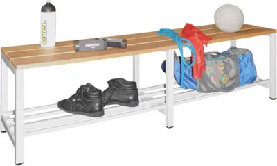 Produktbild von Umkleide-Sitzbank - Breite 1.500 mm - Buchenleisten - Schuhrost - lichtgrau