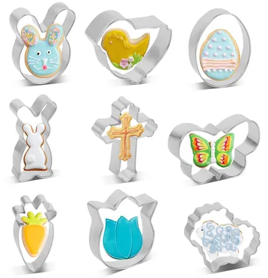 Produktbild von Oster-Ausstechformen-Set, 9-teilig, Edelstahl. Ausstechformen: Osterei, Hase, Kaninchen, Karotten, Schmetterlinge, Schafe, Kreuze, Küken, Blumen