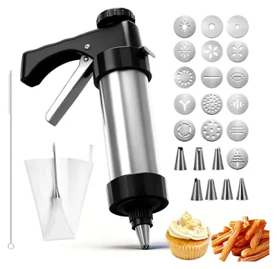 Produktbild von Gebäckpresse, Keksmaschine mit 16 Schablonen Edelstahl Kekspress Spritzgebäck Presse Gebäckpresse Spritzgebäck Gebäckspritze für Kuchen Kekse Churros Dessert DIY Maker Cookie Weihnachten