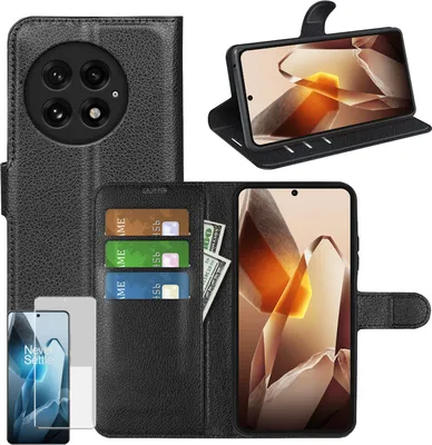 Produktbild von Für OnePlus 13 Handy Tasche Schwarz Etuis Kunst-Leder Hülle Case + 4D Curved H9 Hart Glas