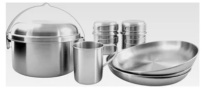 Produktbild von Camping-Kochgeschirr Set für drei Personen (10-teilig) - Edelstahl-Geschirr für das Picknick - Inklusive Topf, Pfanne, Tellern und Bechern (mit Deckel) - Schadstofffrei und lebensmittelecht