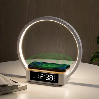 Produktbild von OKWISH LED Schreibtischlampe mit Uhr, kabellosem Ladegerät & Wecker, 3 Helligkeitsstufen, Touch Dimmer, Nachttischlampe mit Dual-Alarm