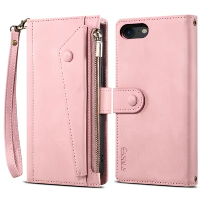 Obrázek produktu pro Ochranné pouzdro pro iPhone 8/7/6s/6/iPhone SE 2020/SE 2022, kožené pouzdro na zip, skládací peněženka s přihrádkou na karty, stojánek a poutko Růžový
