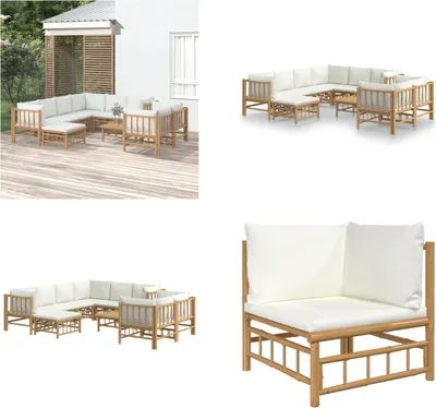Produktbild von vidaXL 10 tlg. Garten Lounge Set mit Cremeweißen Kissen Bambus - Garten Lounge Set - Garten Lounge Sets - Lounge Set - Gartenmöbel Set