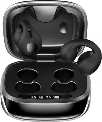 A pair of black open-ear wireless earbuds and their charging case are displayed.