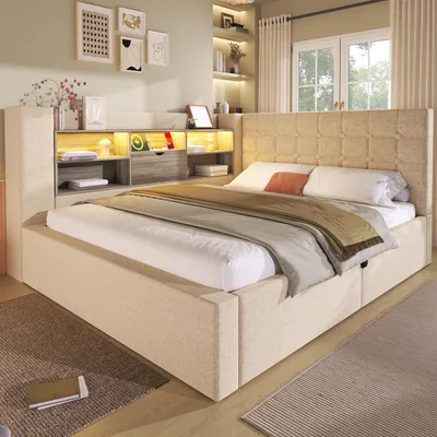 Produktbild von okwish L-förmiges Schlafsofa 140x200 Tagesbett mit LED-Beleuchtung und offenen Staufächern an der Rückwand,Jugendbett Doppelbett mit Bettkasten,Beige(Ohne Matratze)
