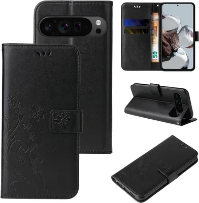 Produktbild von Handyhülle für Google Pixel 9 Pro XL Floral Blumen Schmetterling Flip Cover Hülle Case Klapphülle Handytasche Farbe: Schwarz