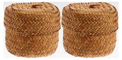 Produktbild von 2 Stück handgeflochtene Aufbewahrungskörbe aus Seegras mit Deckel für Schreibtisch und Dekoration in zufälliger Farbe