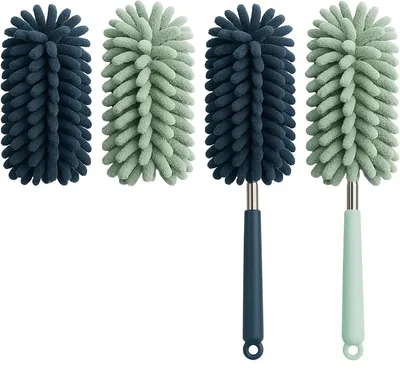 Staubwedel-Set, 2 Griffe + 2 Köpfe, Grün/Blau, 80 cm