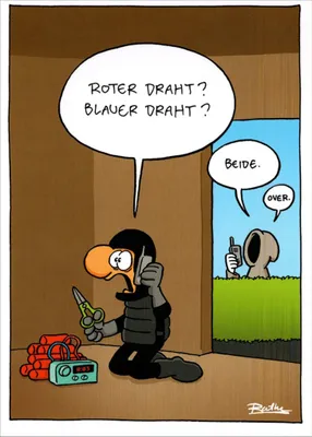 Produktbild von Cartoon-Postkarte Ralph Ruthe "Roter Draht? Blauer Draht?"