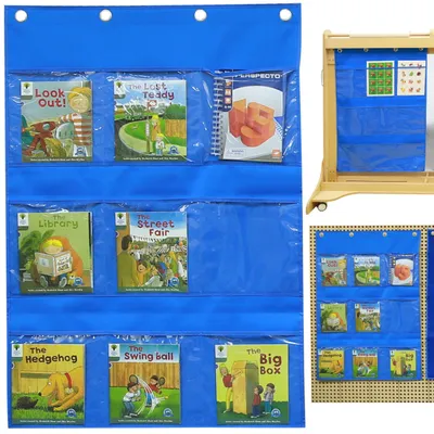 Produktbild von Masterkidz Stoff-Wandtuch mit Taschen für Bücher und Bilder, blau