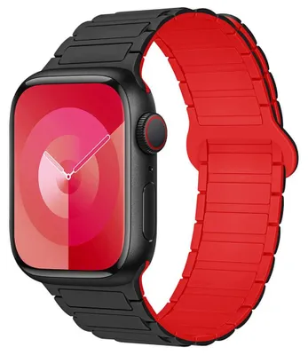 Image de Bracelet pour Apple Watch Series 11 10, 9 8 SE 7 6 5 4 3 2 1 Ultra 2/3, 42mm-44mm-45mm-46mm-49mm Silicone Magnétique Noir/Rouge