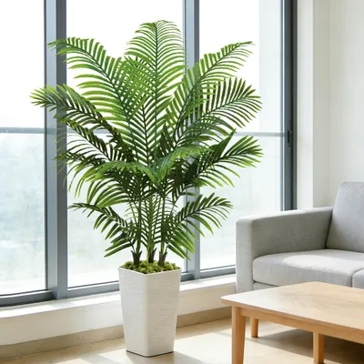 Image de Palmier Areca artificiel d'intérieur, 150 cm – Plante artificielle en pot, grand palmier Areca résistant aux UV pour l'intérieur et l'extérieur – Décoration végétale artificielle pour le salon, le balcon, le bureau et le jardin
