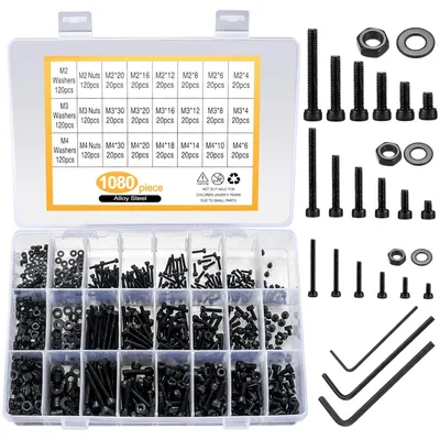 Produktbild von 1080-teiliges Schrauben- und Mutternset M2 M3 M4, Innensechskantschrauben, Bolzen, Muttern und Unterlegscheiben, schwarze Rundkopf-Gewindeschrauben, Muttern und Unterlegscheiben aus Kohlenstoffstahl (1080 schwarz)