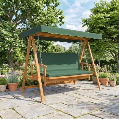 Produktbild von Hollywoodschaukel mit Sonnendach, 3-Sitzer Liegefunktion, Kiefernholz Gartenschaukel, Dunkelgrün | 236x130x181 cm | 44 kg