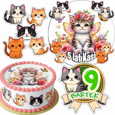 Zdjęcie produktu dla Zestaw Opłatek Na Tort 20Cm + 16 Postaci - Kot Kotek + Imię 15Cm 18Cm