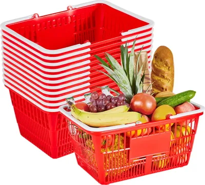 Zdjęcie produktu dla Koszyk na zakupy SucceBuy, 12 sztuk, 21 litrów, plastikowy koszyk PE z uchwytami, uniwersalny, udźwig do 9,07 kg, idealny na zakupy, do sklepów, supermarketów, do domu, czerwony