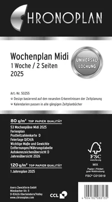 Produktbild von CHRONOPLAN Kalendereinlage 2025 Wochenplan Midi (9,6 x 17,2 cm)