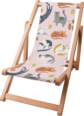 Zdjęcie produktu dla Dreamroots Leżak dziecięcy składany drewniany, drewno bukowe do 130 kg, leżak składany z 3-stopniową regulacją pochylenia oparcia, Pastel Cats