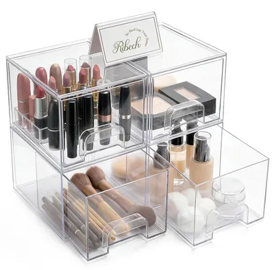 4er Set stapelbare Acryl-Aufbewahrungsboxen, transparent, 30,6x18,9x22,1 cm