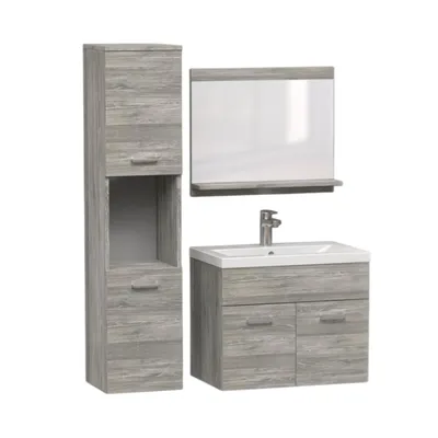 Image de Ensemble de meubles de salle de bain PURO avec vasque en céramique et miroir. Meubles de salle de bain en bois de hêtre gris, style "Craft". Ensemble de meubles de salle de bain comprenant un meuble-lavabo