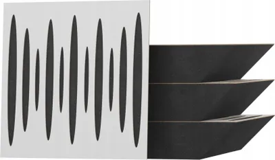 A white panel with black abstract shapes is shown next to three black wedge-shaped objects stacked on top of each other.
