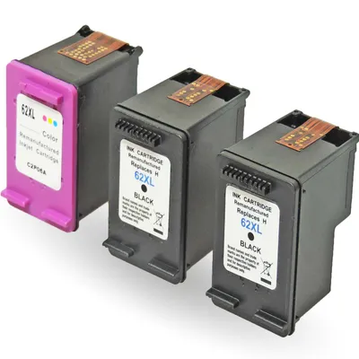 Produktbild von Wiederbefüllt 3er Set HP C2P05AE / 62XL BK + C2P07AE / 62XL C Druckerpatronen wiederbefüllt 2x Black + 1x alle Farben für HP DeskJet Ink und HP Envy Drucker